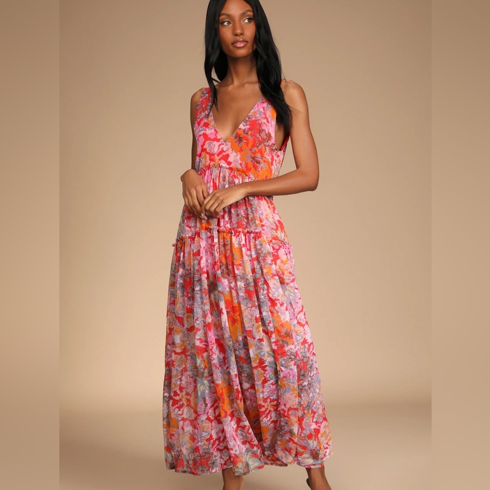 Free People Julianna Red Multi Tiered Ruffled Maxi Dress